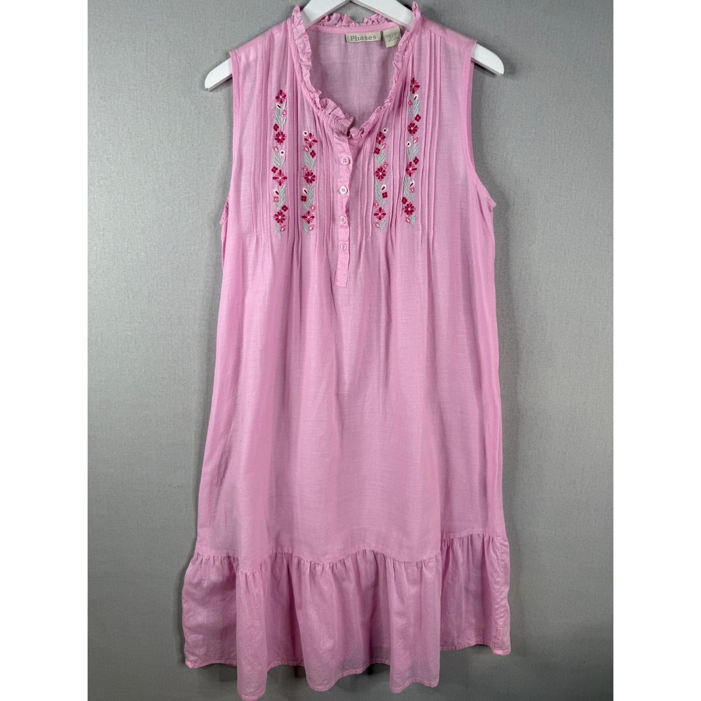 Vtg Phases Sleeveless Cotton Nightgown Womens L Pink Floral Embroidered Grandma